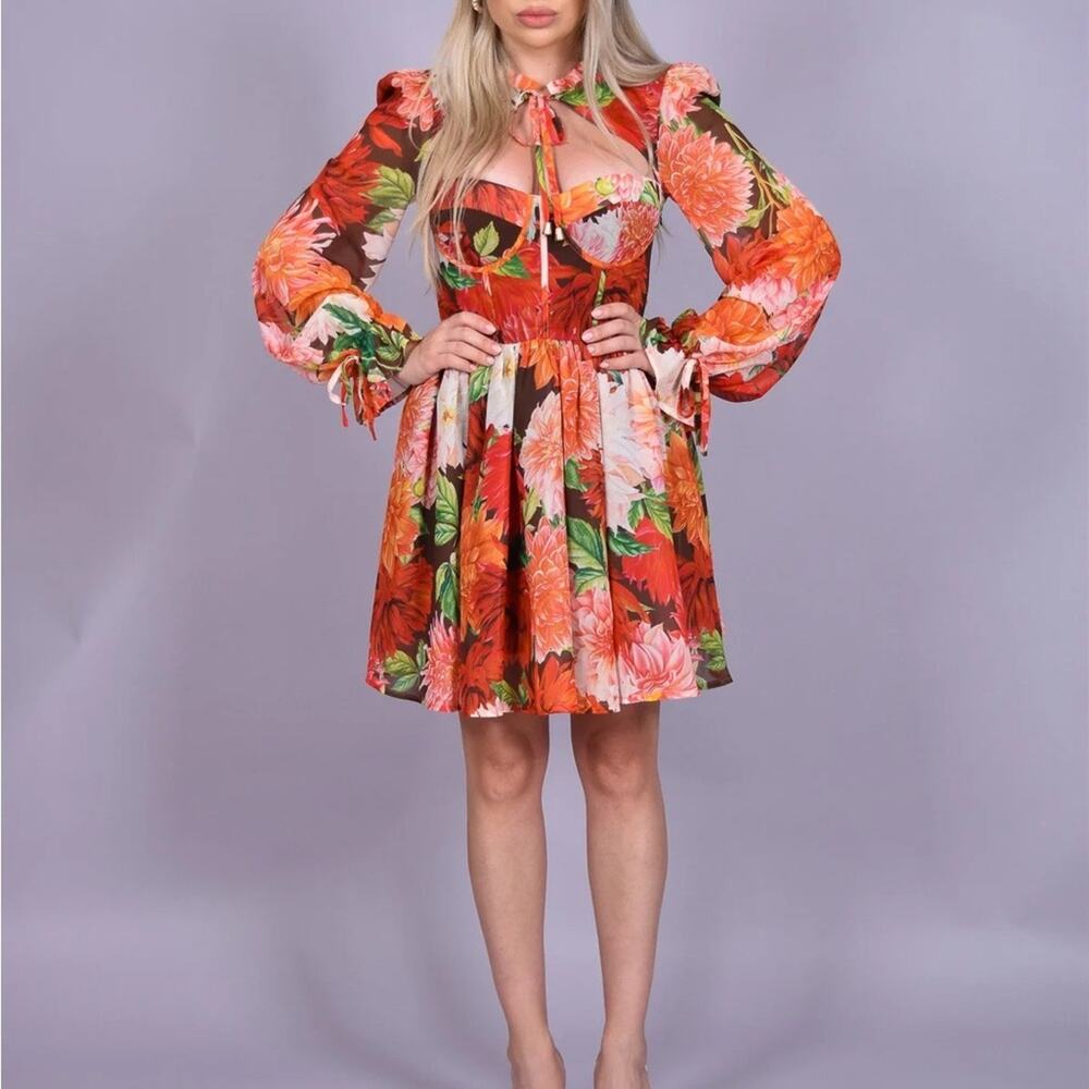 NEW LATISTE Red Orange White Floral Long Sleeve Corset Tie Ruffle Mini Dress L